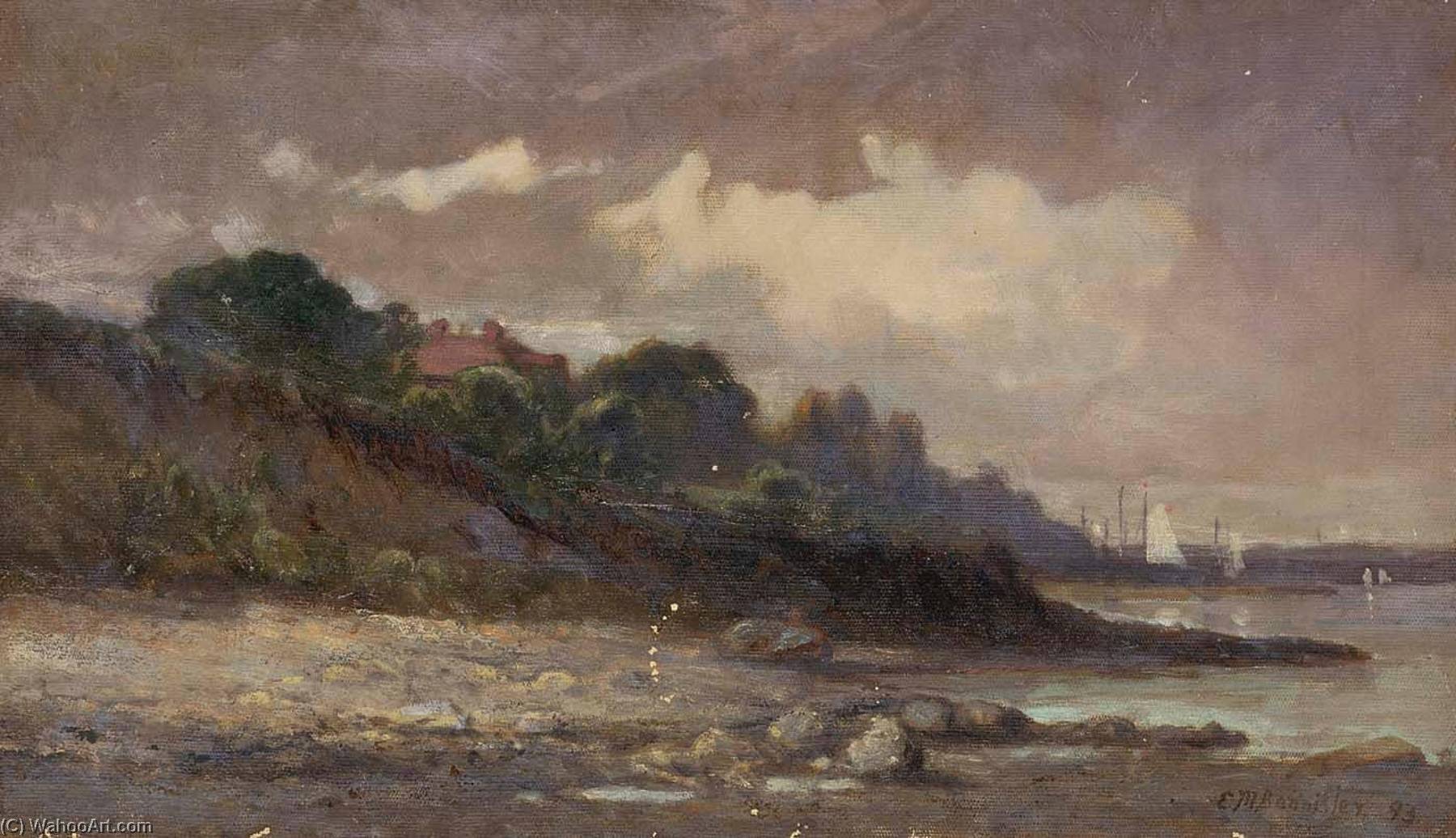 Wikioo.org - The Encyclopedia of Fine Arts - Painting, Artwork by Edward Mitchell Bannister - Untitled (shoreline with sailboats and roof)