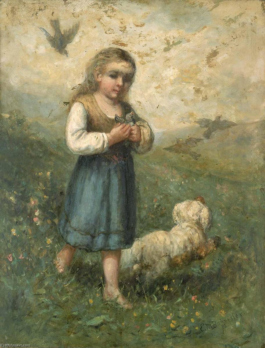 Wikioo.org - The Encyclopedia of Fine Arts - Painting, Artwork by Edward Mitchell Bannister - Child with Birds and Dog