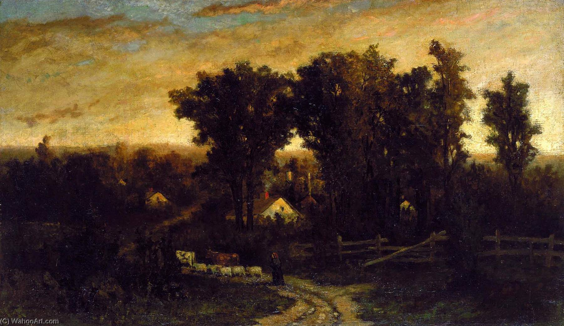 Wikioo.org - The Encyclopedia of Fine Arts - Painting, Artwork by Edward Mitchell Bannister - Untitled (woman with cattle and sheep at dusk)