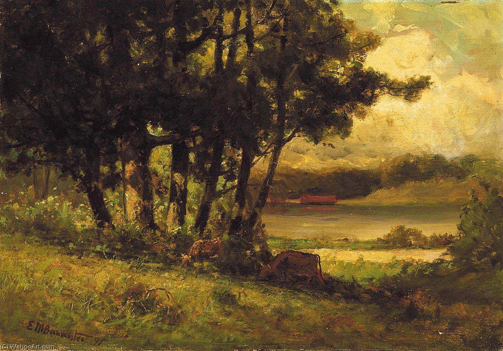 Wikioo.org - The Encyclopedia of Fine Arts - Painting, Artwork by Edward Mitchell Bannister - Untitled (landscape with cows grazing near river)