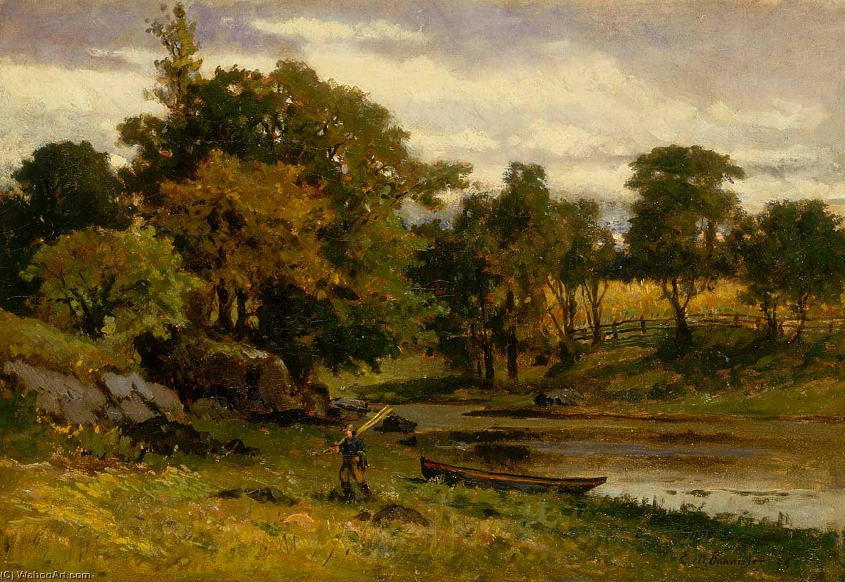 Wikioo.org - The Encyclopedia of Fine Arts - Painting, Artwork by Edward Mitchell Bannister - Untitled (landscape, boat moored near stream, man walking in foreground)