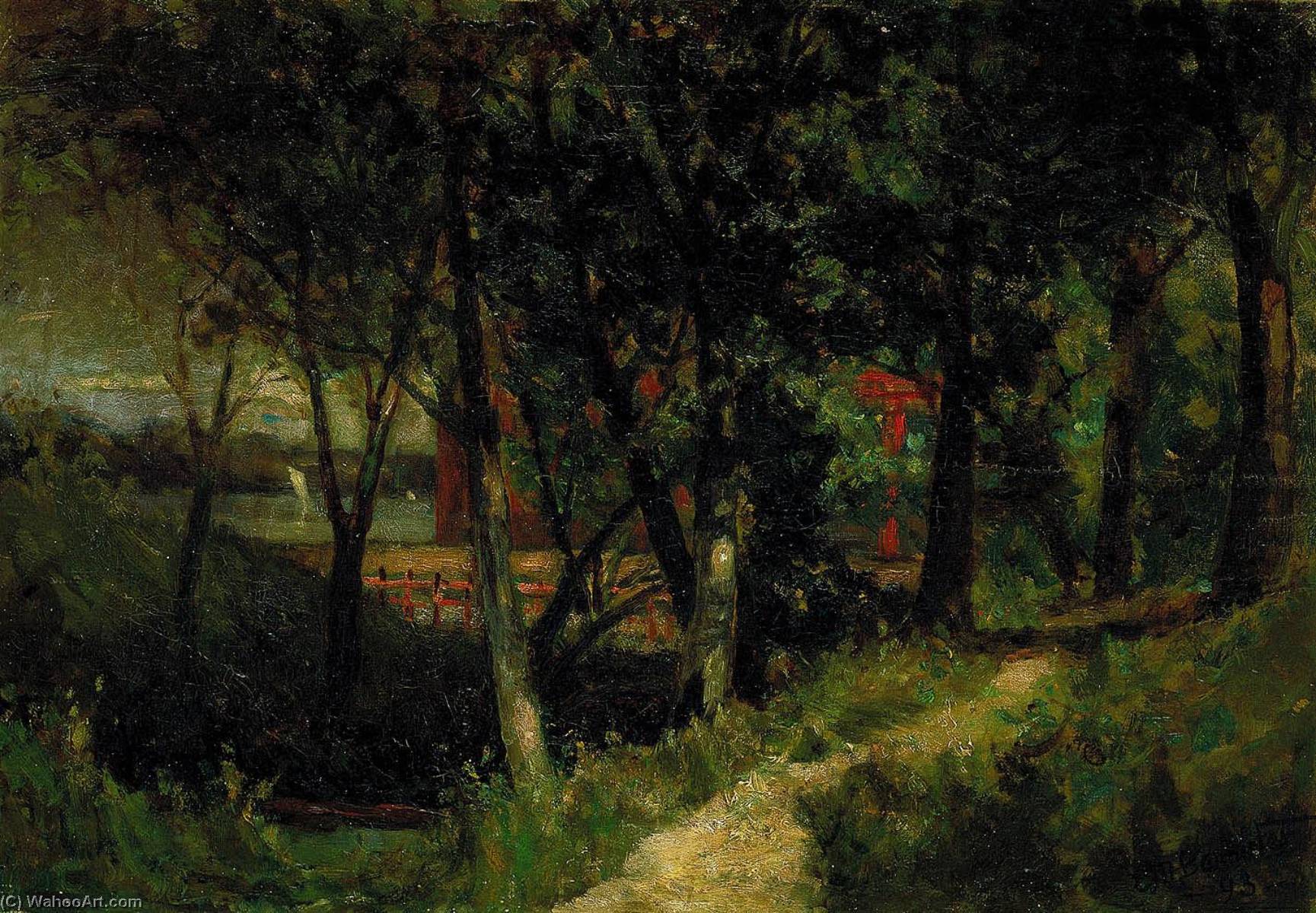 Wikioo.org - The Encyclopedia of Fine Arts - Painting, Artwork by Edward Mitchell Bannister - Untitled (landscape, forest scene with red fence and building)