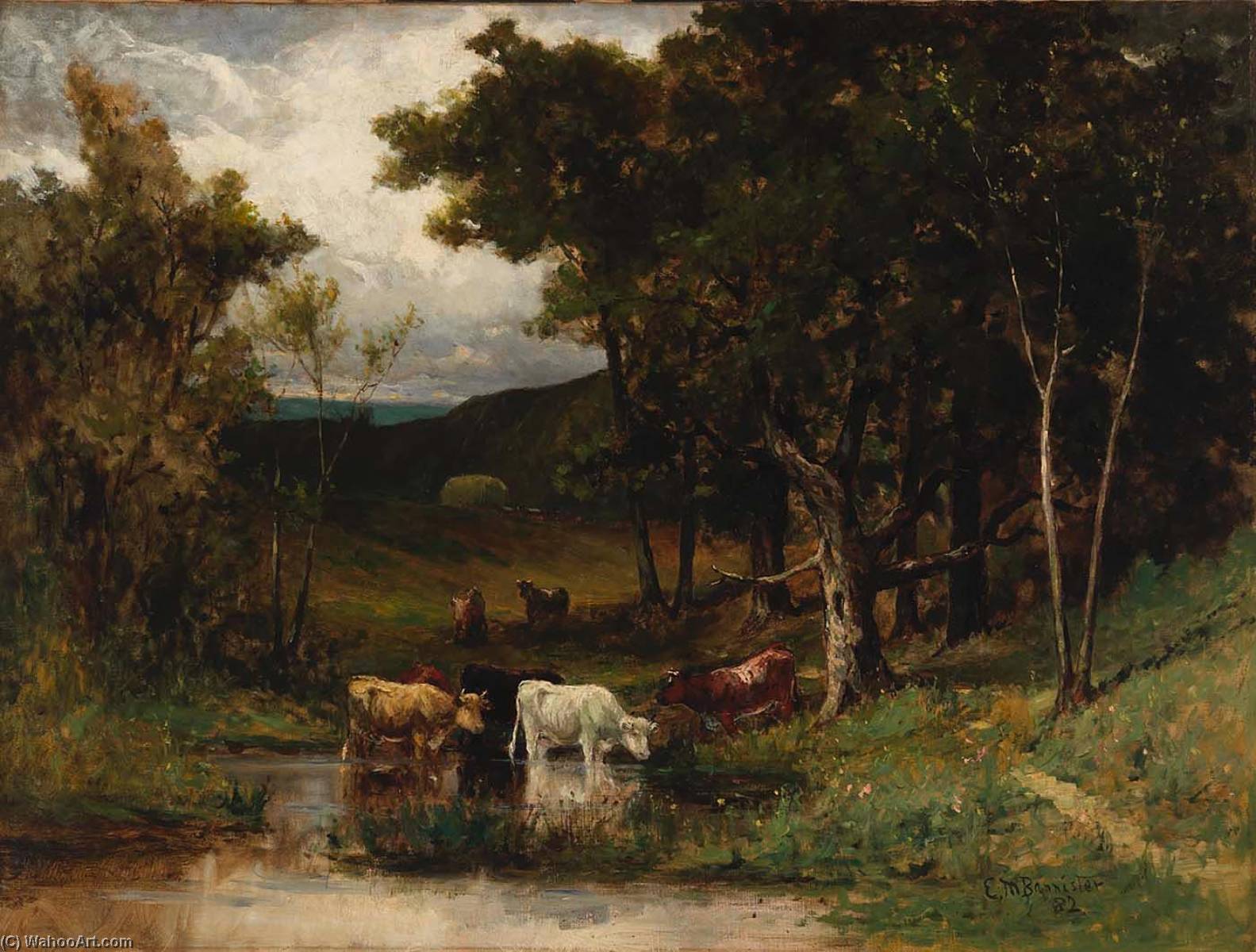Wikioo.org - The Encyclopedia of Fine Arts - Painting, Artwork by Edward Mitchell Bannister - Untitled (landscape with cows in stream near trees)