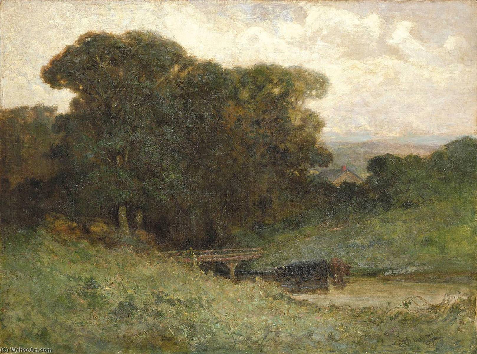 Wikioo.org - The Encyclopedia of Fine Arts - Painting, Artwork by Edward Mitchell Bannister - Untitled (forest scene with bridge, cows in stream in foreground)