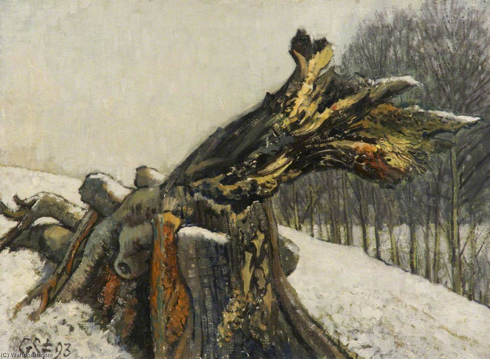 Wikioo.org - The Encyclopedia of Fine Arts - Painting, Artwork by Geoffrey Scowcroft Fletcher - Dead Tree Trunk in the Snow