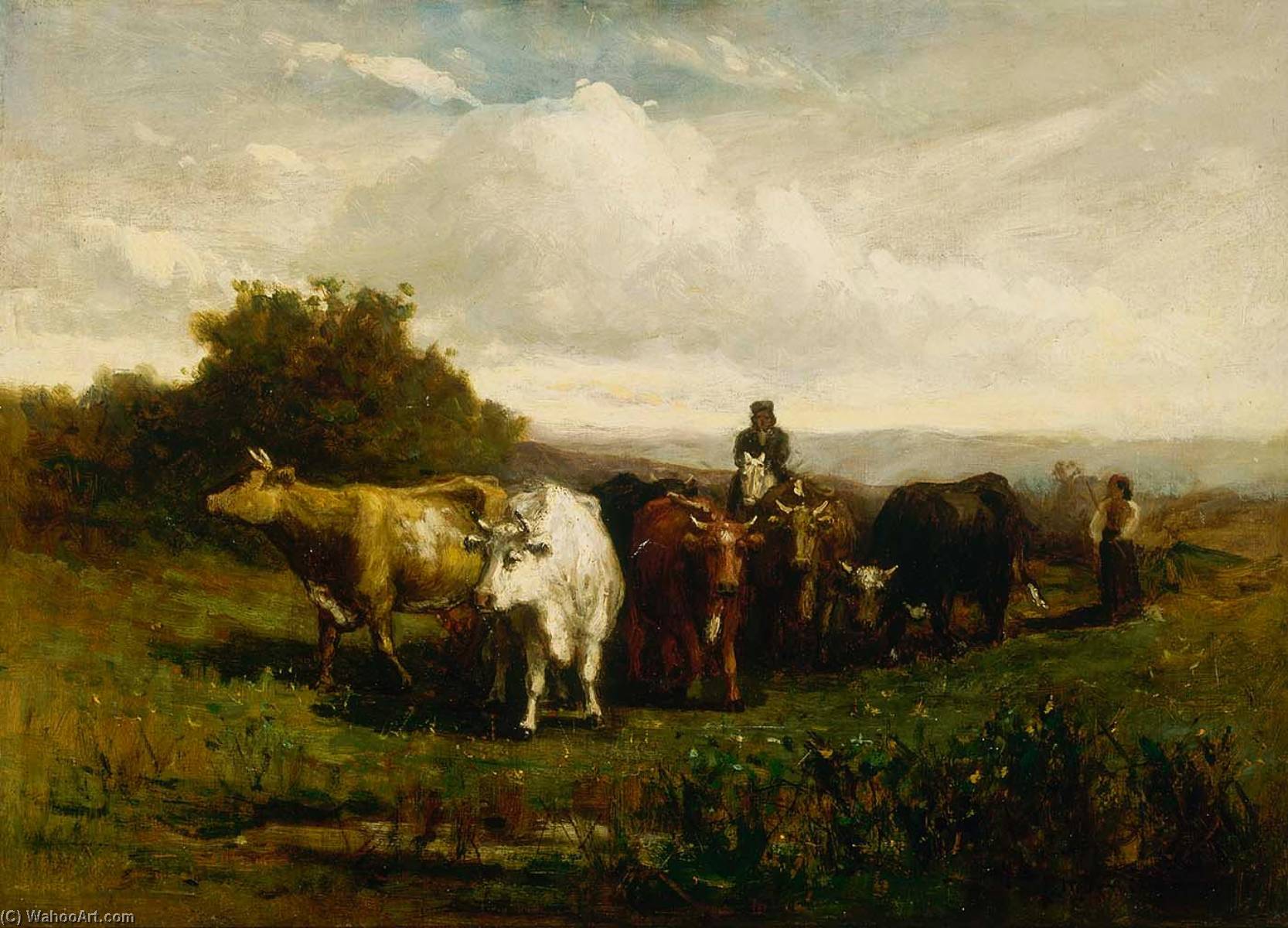 Wikioo.org - The Encyclopedia of Fine Arts - Painting, Artwork by Edward Mitchell Bannister - Untitled (man on horseback, woman on foot driving cattle)
