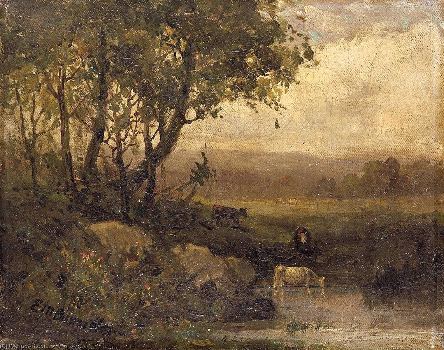 Wikioo.org - The Encyclopedia of Fine Arts - Painting, Artwork by Edward Mitchell Bannister - Untitled (landscape, riverbank, three cows)