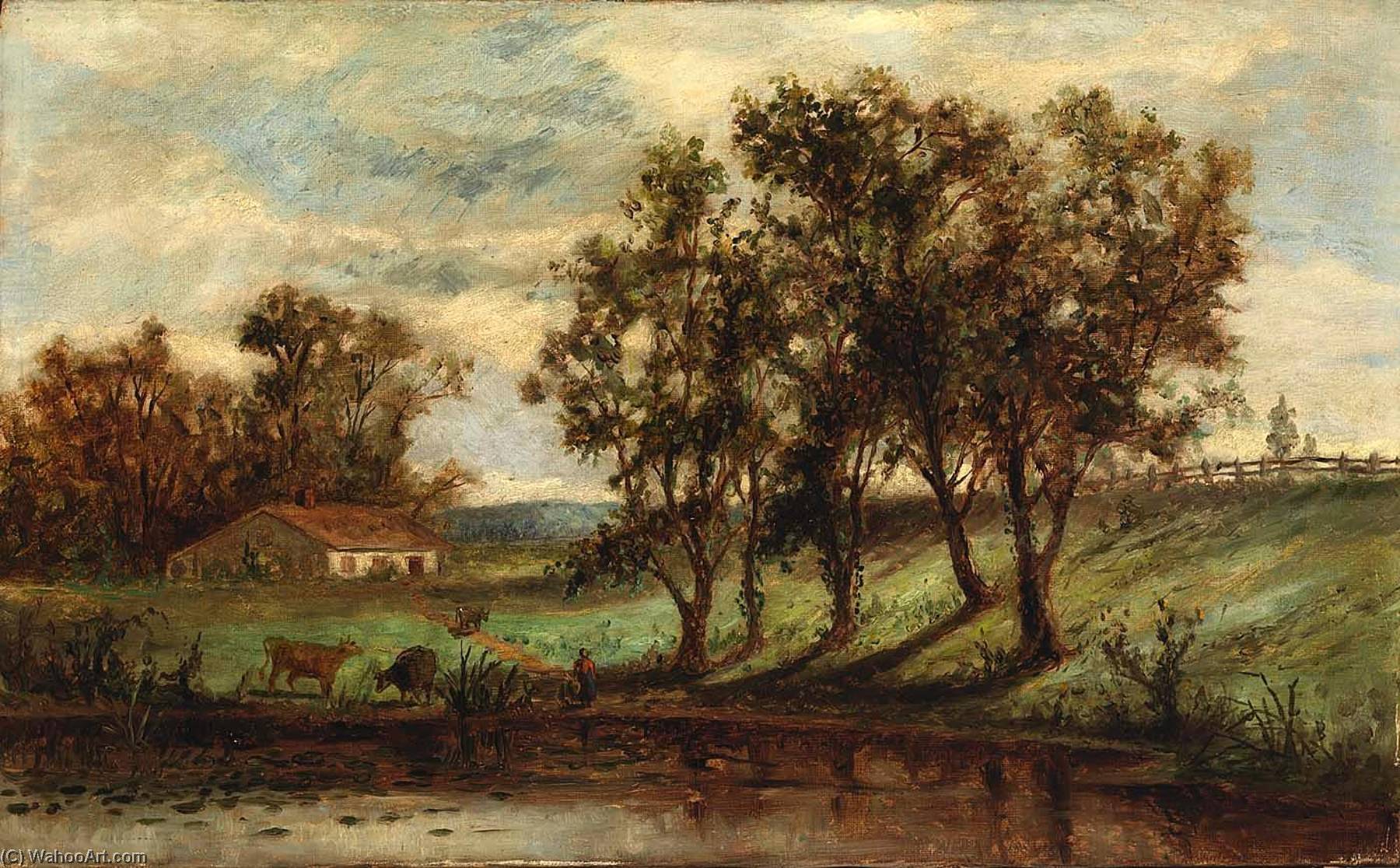 Wikioo.org - The Encyclopedia of Fine Arts - Painting, Artwork by Edward Mitchell Bannister - Untitled (man with cows grazing near pond with house and trees in background)