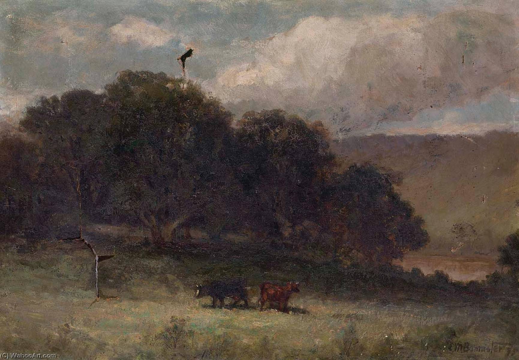Wikioo.org - The Encyclopedia of Fine Arts - Painting, Artwork by Edward Mitchell Bannister - Untitled (landscape with trees and two cows in meadow)