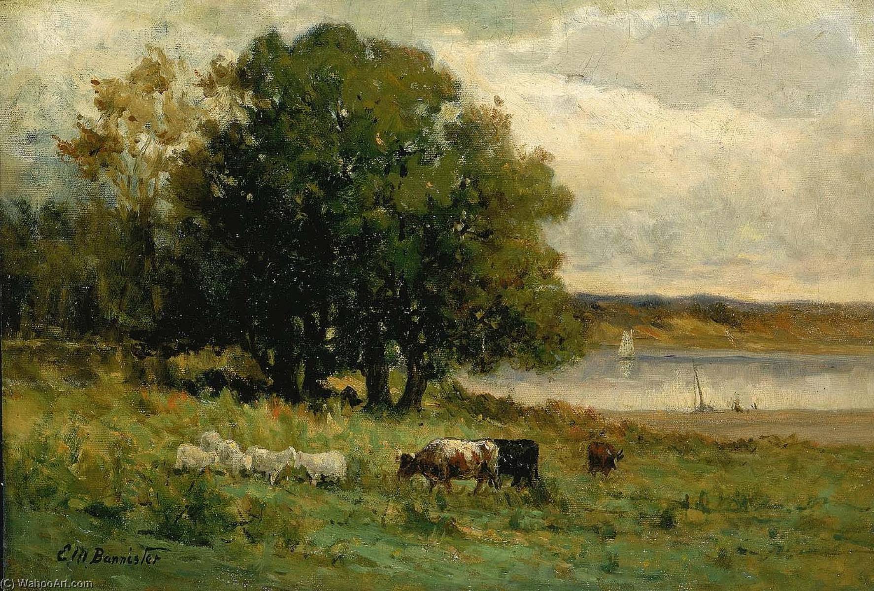 Wikioo.org - The Encyclopedia of Fine Arts - Painting, Artwork by Edward Mitchell Bannister - Untitled (cattle near river with sailboat in distance)