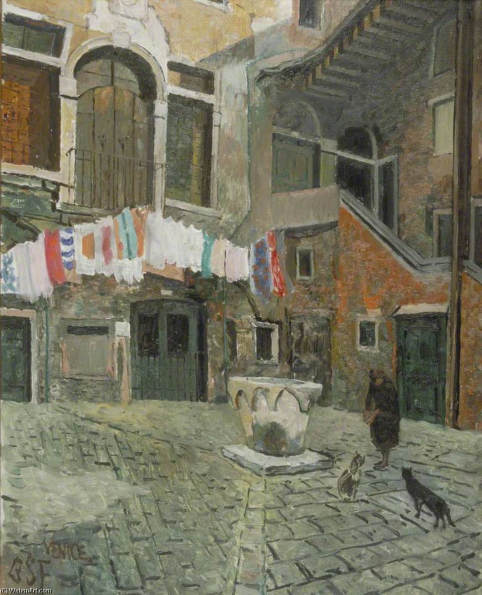 Wikioo.org - The Encyclopedia of Fine Arts - Painting, Artwork by Geoffrey Scowcroft Fletcher - Courtyard with Cat Lady, Venice, Italy