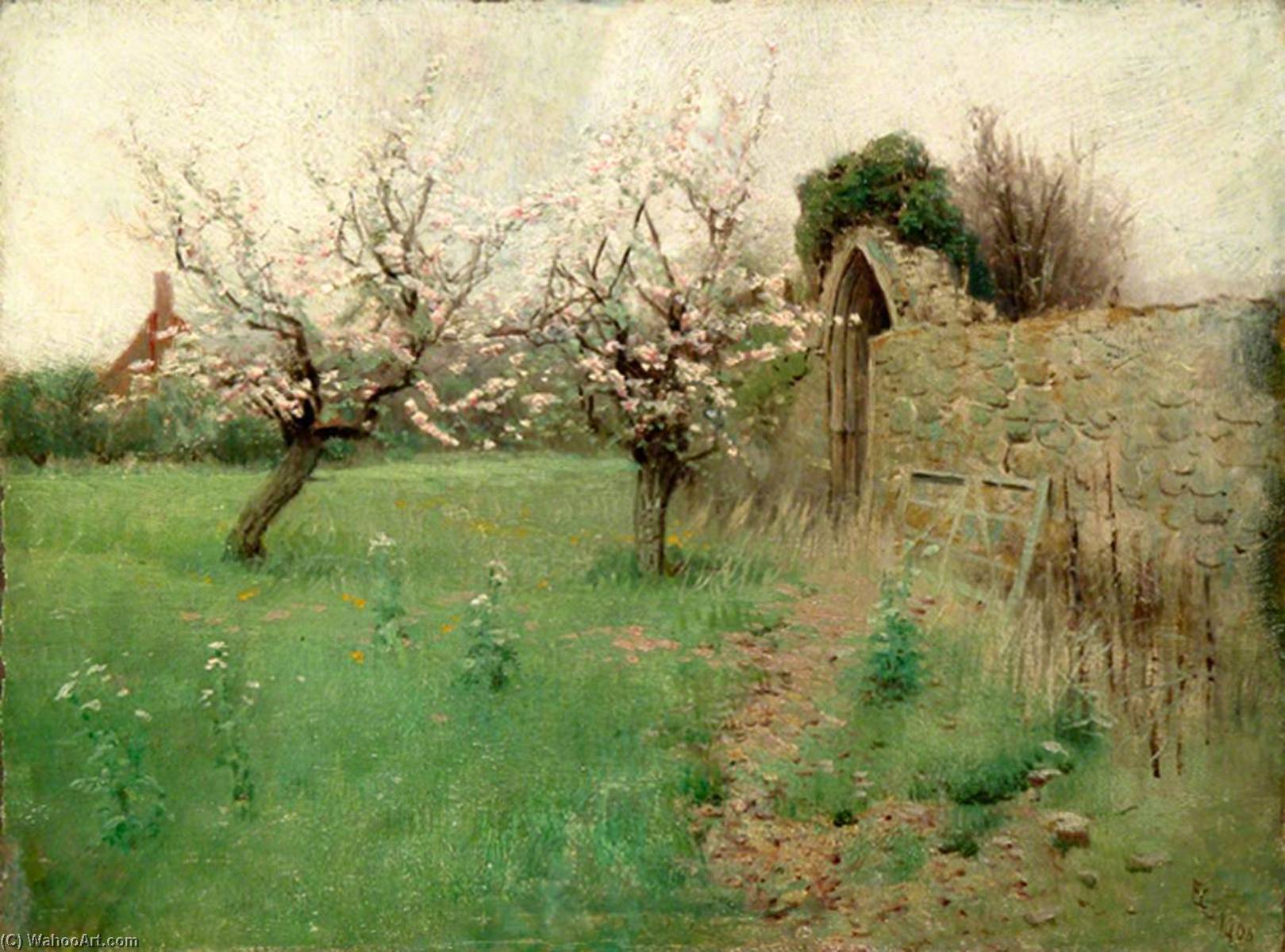 Wikioo.org - The Encyclopedia of Fine Arts - Painting, Artwork by Ernest C Christie - Wall with Arched Gateway Opening on to a Field with Trees, Identified as the Entrance to Oxted Church, Surrey