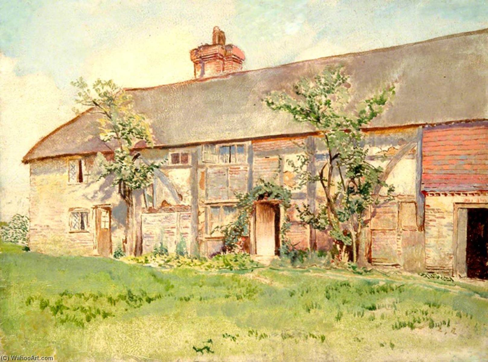 Wikioo.org - The Encyclopedia of Fine Arts - Painting, Artwork by Ernest C Christie - Exterior View of Cottages at Ockley, Surrey