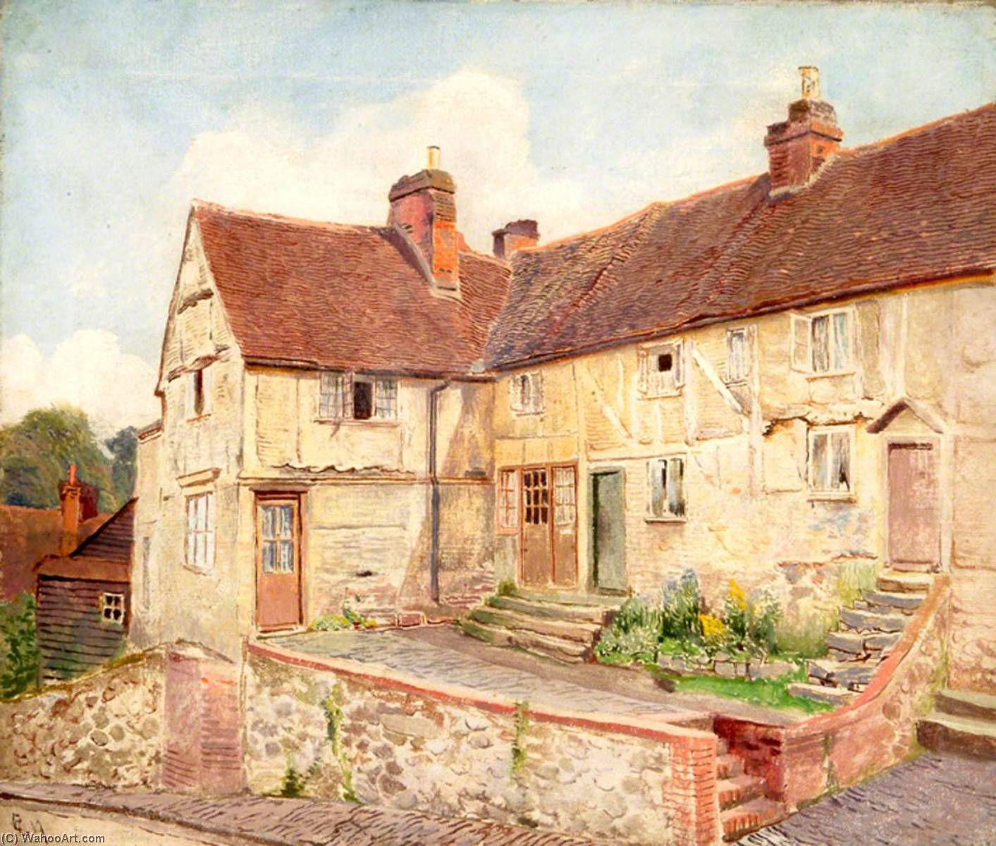 Wikioo.org - The Encyclopedia of Fine Arts - Painting, Artwork by Ernest C Christie - Streeters, Terrace and Huddle Cottages, High Street, Oxted, Surrey