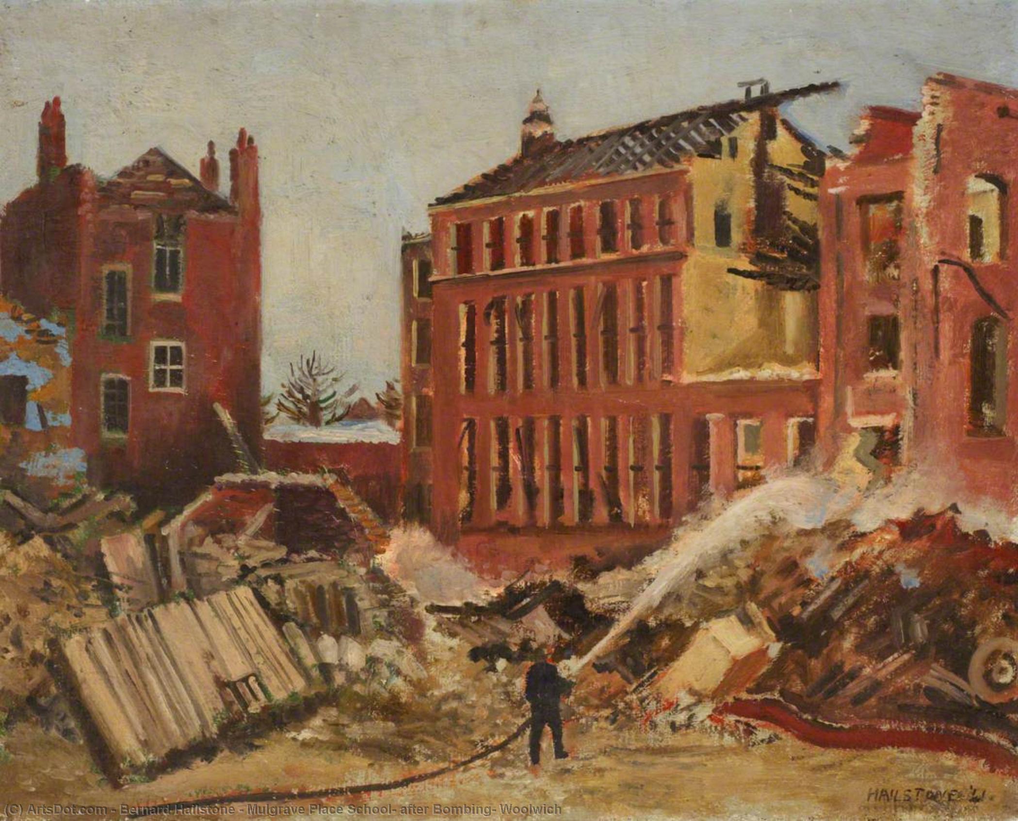 Wikioo.org - The Encyclopedia of Fine Arts - Painting, Artwork by Bernard Hailstone - Mulgrave Place School, after Bombing, Woolwich
