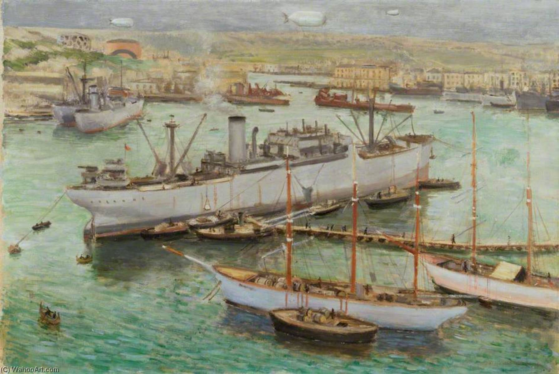 Wikioo.org - The Encyclopedia of Fine Arts - Painting, Artwork by Bernard Hailstone - Overside Discharge into Barges at Malta, October 1943