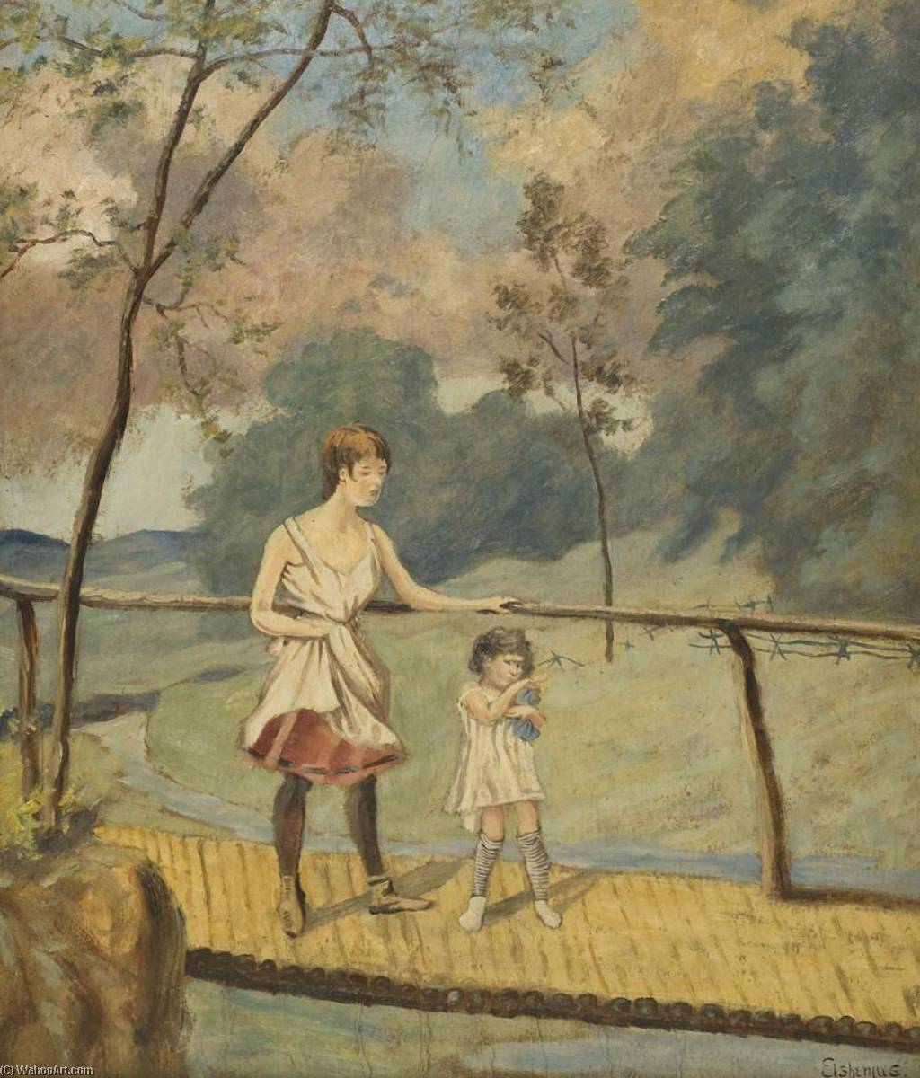 Wikioo.org - The Encyclopedia of Fine Arts - Painting, Artwork by Louis Michel Eilshemius - Two Girls on a Log Bridge