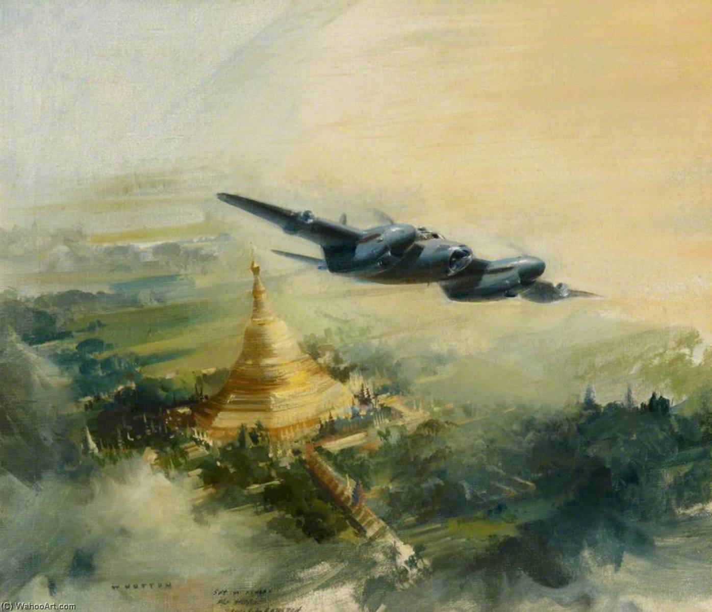 Wikioo.org - The Encyclopedia of Fine Arts - Painting, Artwork by Frank Wootton - PR (Photo Reconnaissance) Mosquito of 684 Squadron over the Shwedagon Pagoda, Rangoon