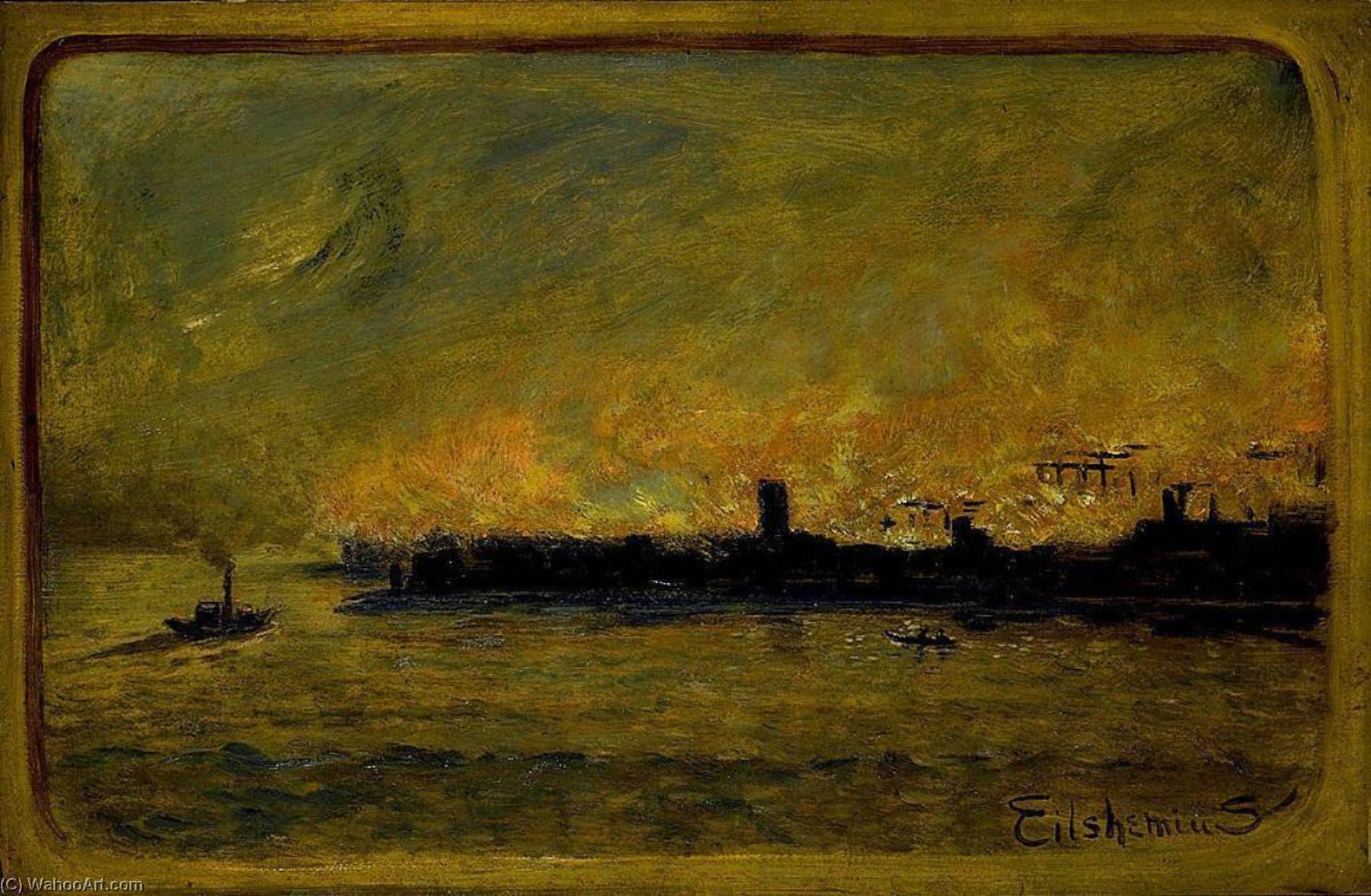 Wikioo.org - Bách khoa toàn thư về mỹ thuật - Vẽ tranh, Tác phẩm nghệ thuật Louis Michel Eilshemius - Fire On Bremen Dock