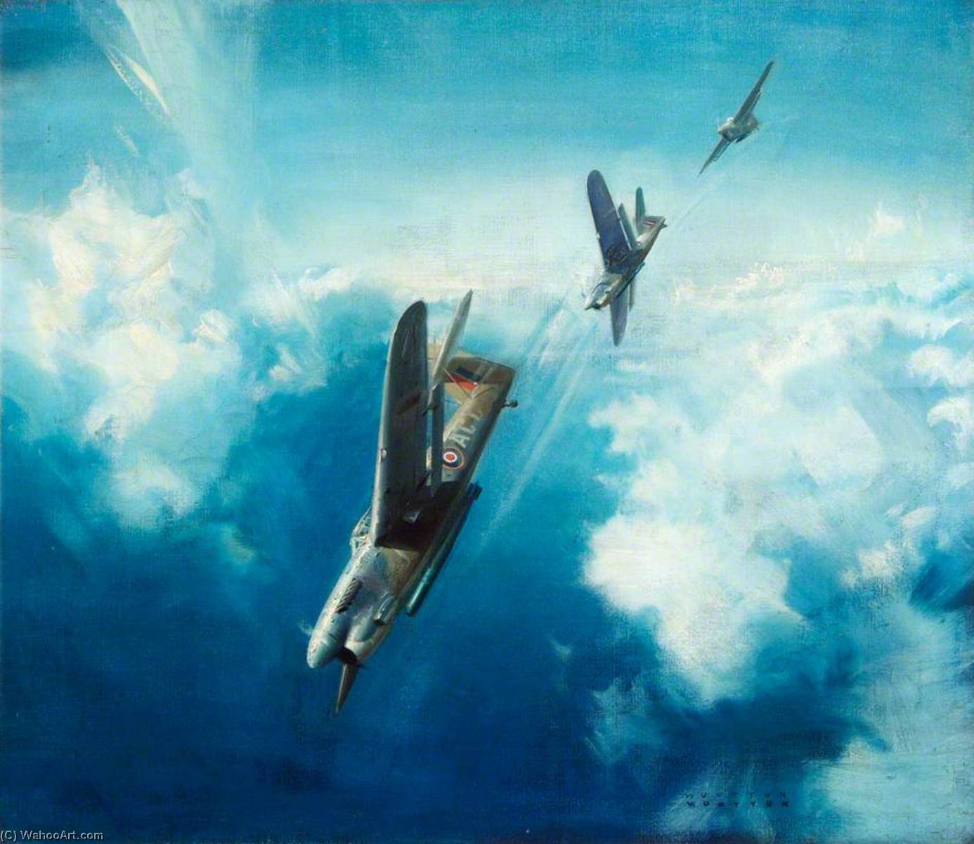 Wikioo.org - The Encyclopedia of Fine Arts - Painting, Artwork by Frank Wootton - They Stoop to Conquer Three Barracudas Diving in Formation