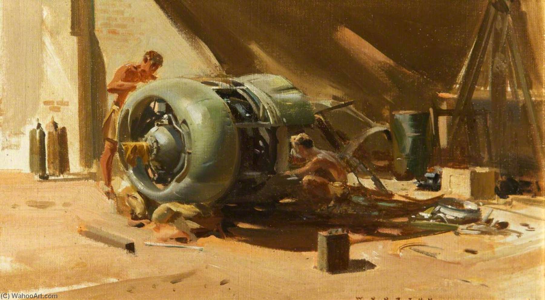 Wikioo.org - The Encyclopedia of Fine Arts - Painting, Artwork by Frank Wootton - Engine Change Mechanics Stripping an Engine, SEAC (South East Asia Command)