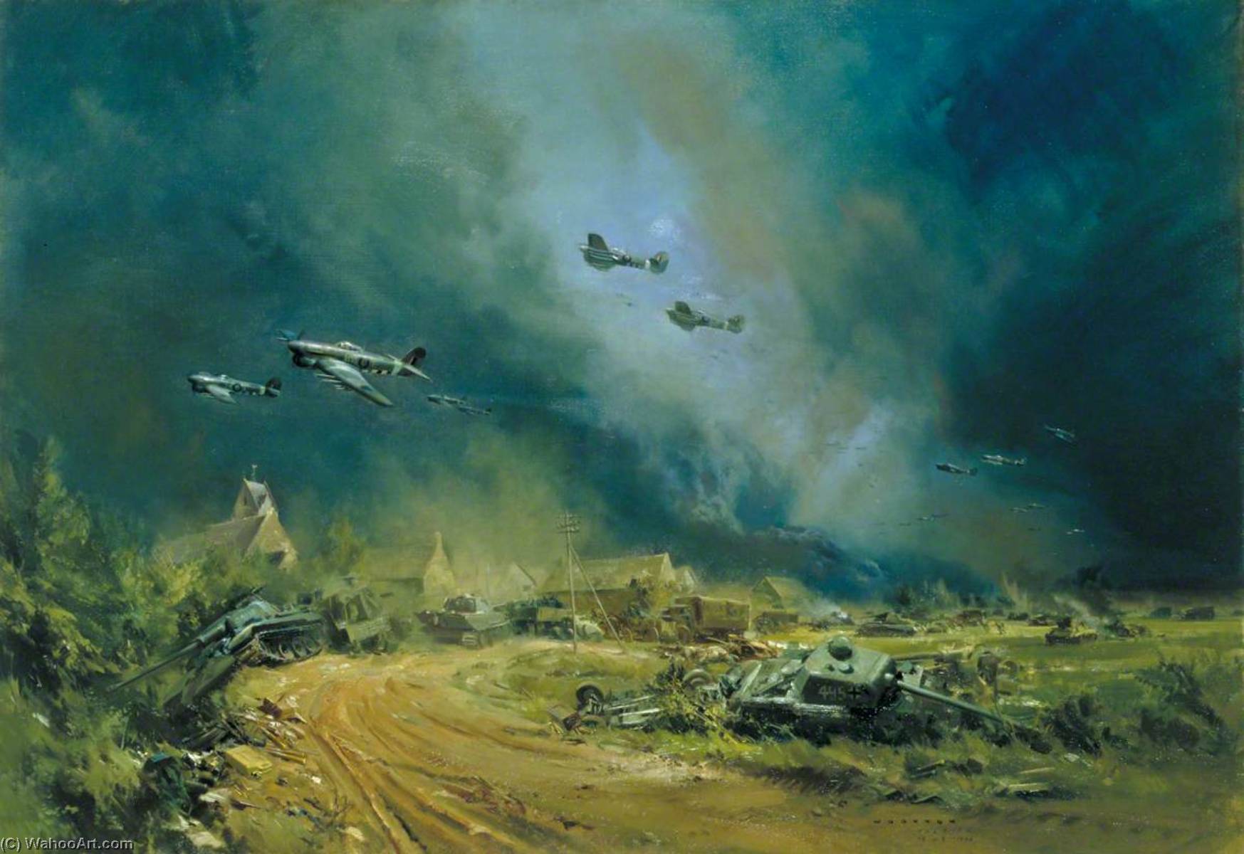 Wikioo.org - The Encyclopedia of Fine Arts - Painting, Artwork by Frank Wootton - Rocket Firing Typhoons at the Falaise Gap, Normandy