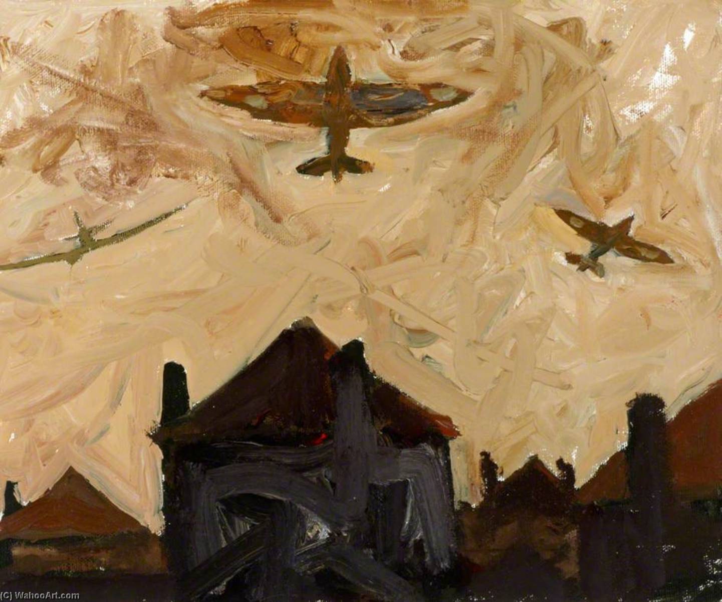 Wikioo.org - The Encyclopedia of Fine Arts - Painting, Artwork by Stephen Chaplin - The Spitfires from Biggin Hill Sometimes Take Off over the Houses in Threes