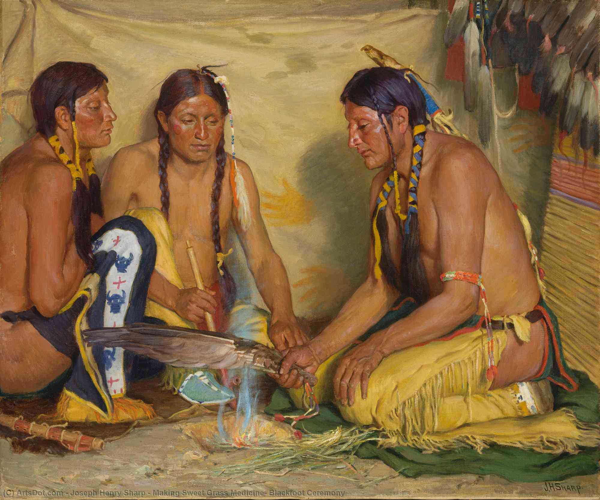 Wikioo.org - The Encyclopedia of Fine Arts - Painting, Artwork by Joseph Henry Sharp - Making Sweet Grass Medicine, Blackfoot Ceremony