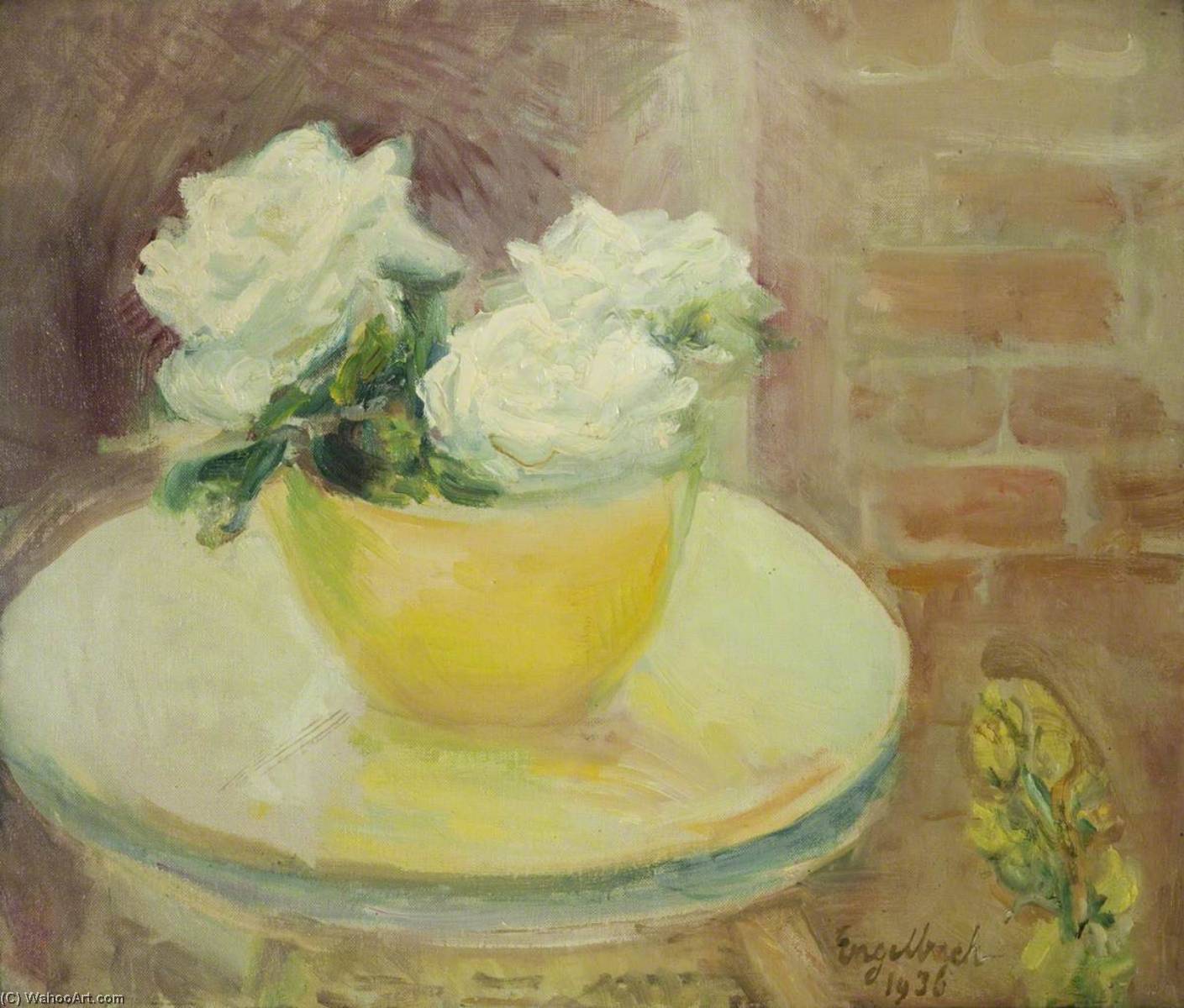 Wikioo.org - The Encyclopedia of Fine Arts - Painting, Artwork by Florence Engelbach - White Roses in a Yellow Bowl