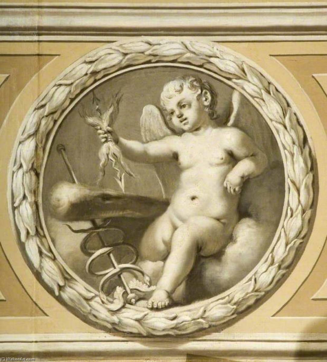 Wikioo.org - The Encyclopedia of Fine Arts - Painting, Artwork by Francesco Sleter - Winged Infant Holding a Thunderbolt with a Club and a Caduceus