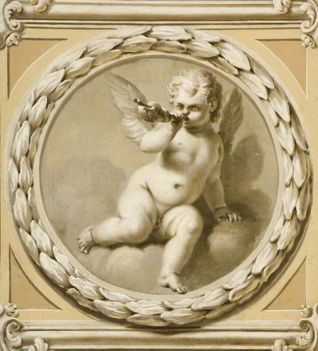 Wikioo.org - The Encyclopedia of Fine Arts - Painting, Artwork by Francesco Sleter - Winged Infant Blowing a Shell