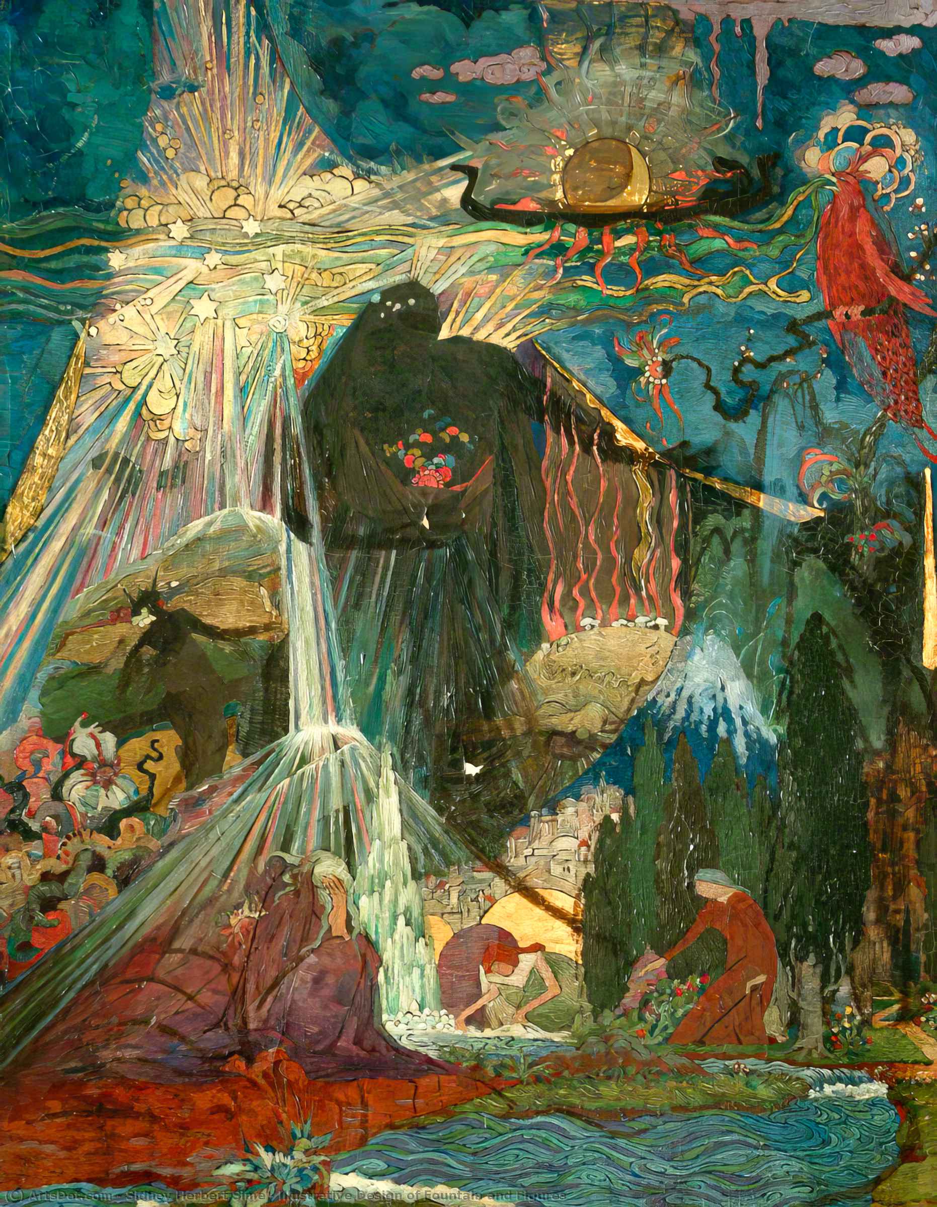 Wikioo.org - The Encyclopedia of Fine Arts - Painting, Artwork by Sidney Herbert Sime - Illustrative Design of Fountain and Figures