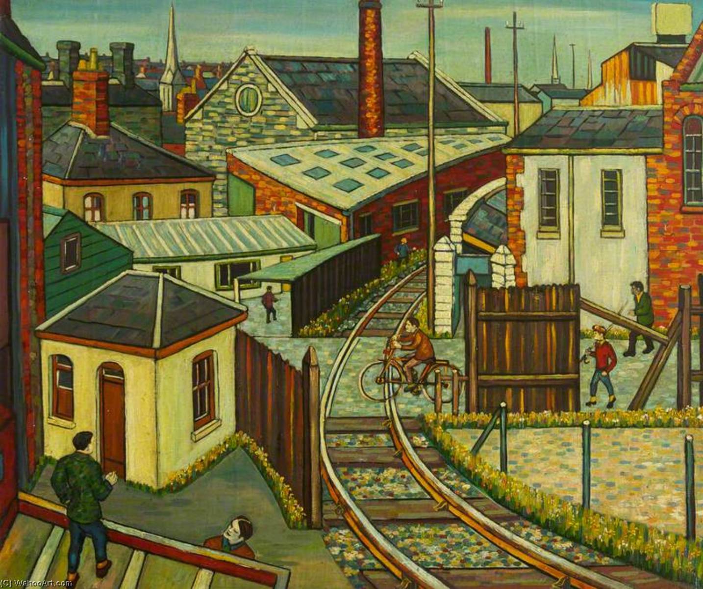 Wikioo.org - The Encyclopedia of Fine Arts - Painting, Artwork by Charles Byrd - Railway Crossing with a Cyclist, Fisherman and Other Figures
