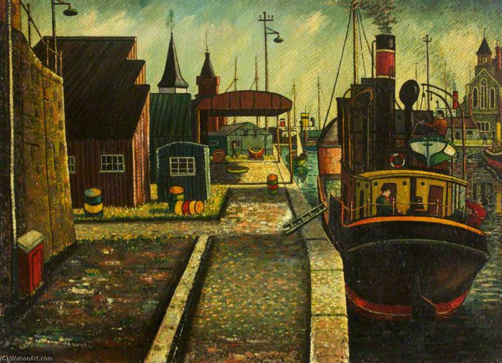 WikiOO.org - Encyclopedia of Fine Arts - Lukisan, Artwork Charles Byrd - Dockside View with a Church in the Right Hand Upper View