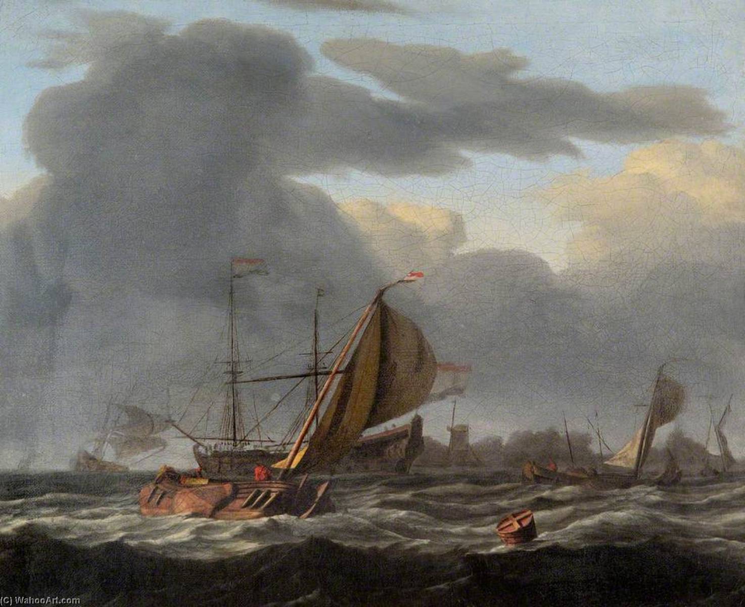 Wikioo.org - The Encyclopedia of Fine Arts - Painting, Artwork by Ludolf Backhuysen - A Warship at Anchor in a Rough Sea