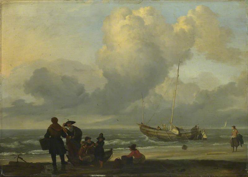 Wikioo.org - The Encyclopedia of Fine Arts - Painting, Artwork by Ludolf Backhuysen - A Beach Scene with Fishermen