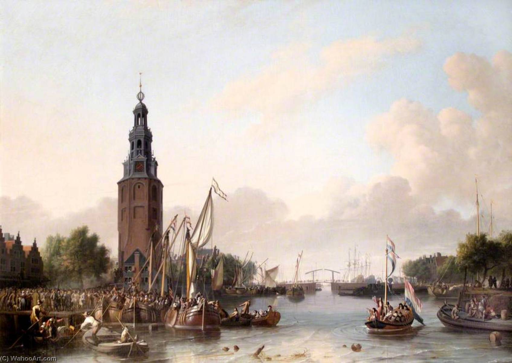WikiOO.org - 백과 사전 - 회화, 삽화 Ludolf Backhuysen - Soldiers of the Dutch East India Company Embarking at the Montelbaans Tower, Amsterdam