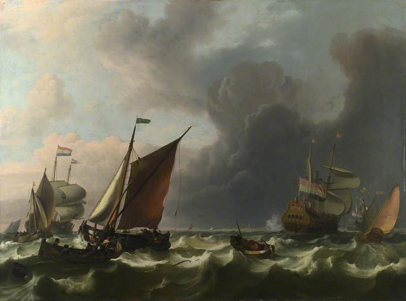 WikiOO.org – 美術百科全書 - 繪畫，作品 Ludolf Backhuysen - 荷兰 男人 战争 和小 船舶  在 新鲜 微风  关闭 恩克赫伊曾