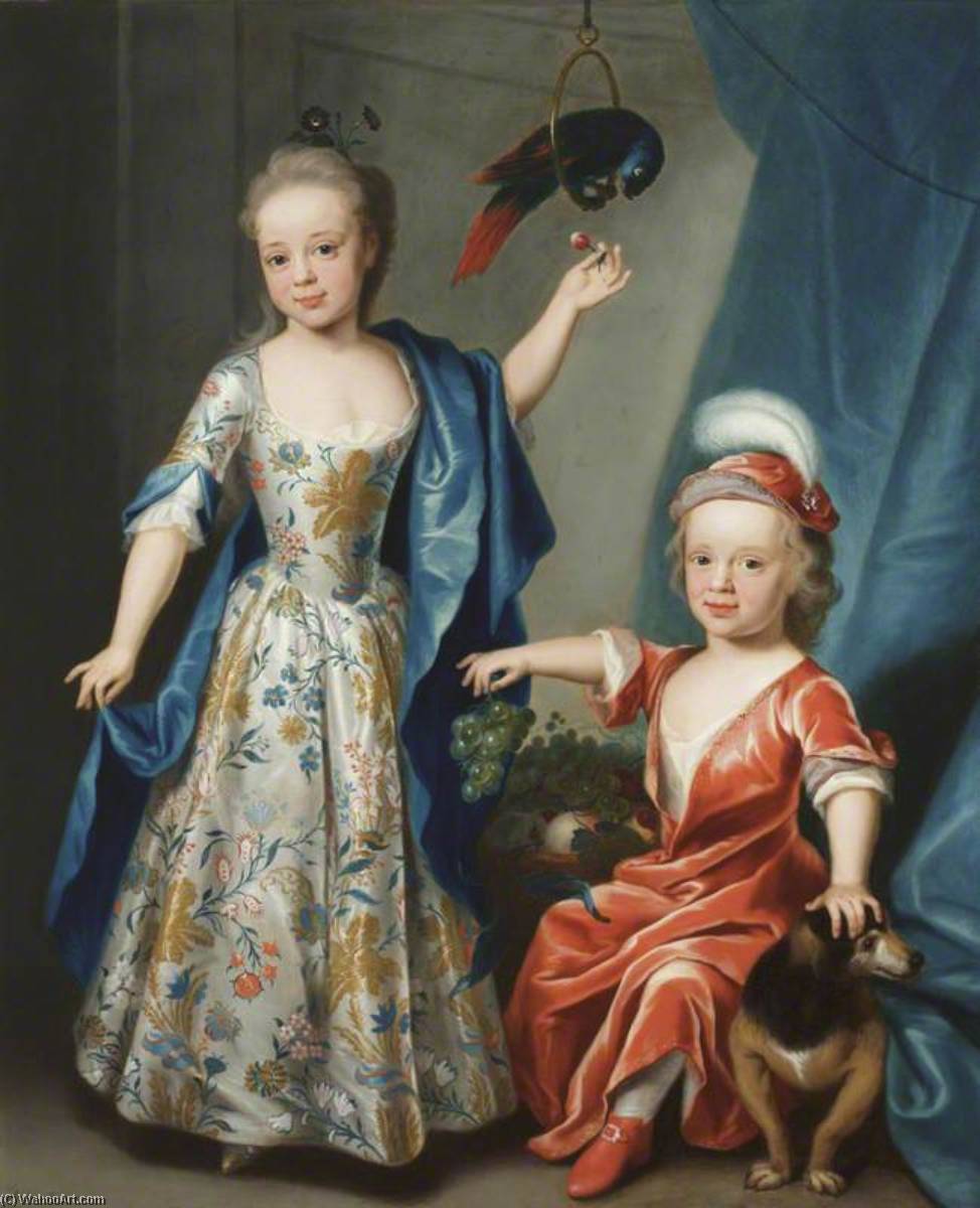 Wikioo.org - The Encyclopedia of Fine Arts - Painting, Artwork by John Theodore Heins Senior - Edward Astley (1729–1802), Later Sir Edward Astley, 4th Bt Astley of Hill Morton, and His Sister Blanche, Later Mrs Edward Pratt, as Children, with a Parrot and a Bunch of Grapes