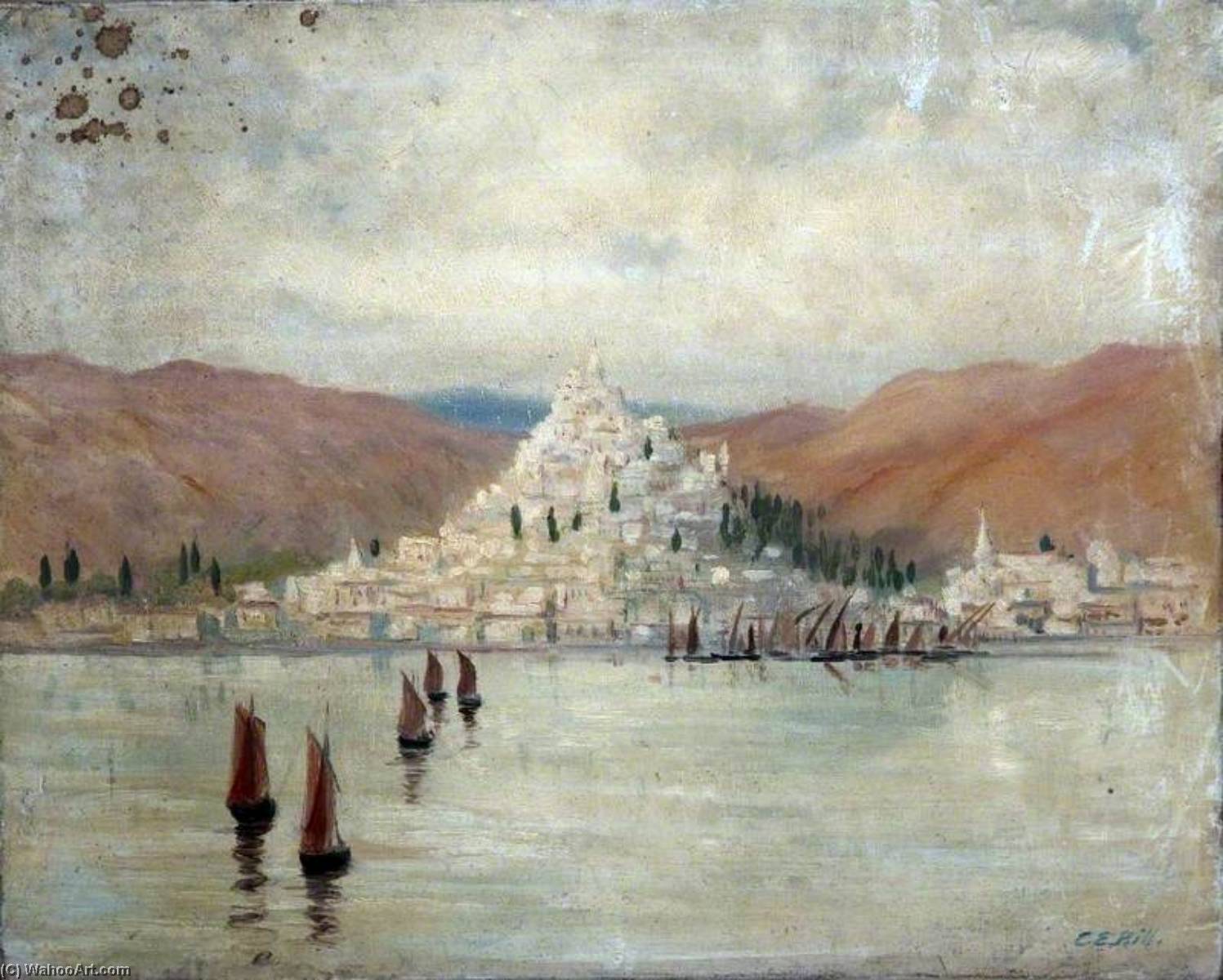 Wikioo.org - The Encyclopedia of Fine Arts - Painting, Artwork by Caroline Emily Gray Hill - Landscape with a Hillside Town and Mountains Overlooking Water and Boats