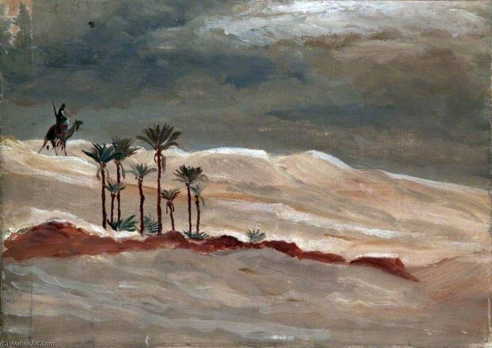 Wikioo.org - The Encyclopedia of Fine Arts - Painting, Artwork by Caroline Emily Gray Hill - Desert Landscape with a Camel Rider, Palm Trees and Stormy Sky