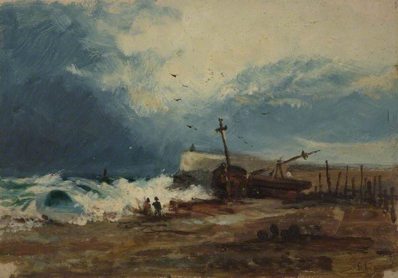 Wikioo.org - The Encyclopedia of Fine Arts - Painting, Artwork by George Hornblower Simms - Beach with Boat and Rough Sea