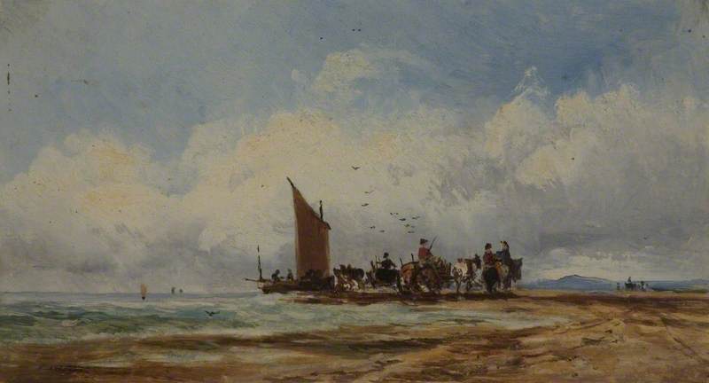 Wikioo.org - The Encyclopedia of Fine Arts - Painting, Artwork by George Hornblower Simms - Beach with Mounted Figures and Boat