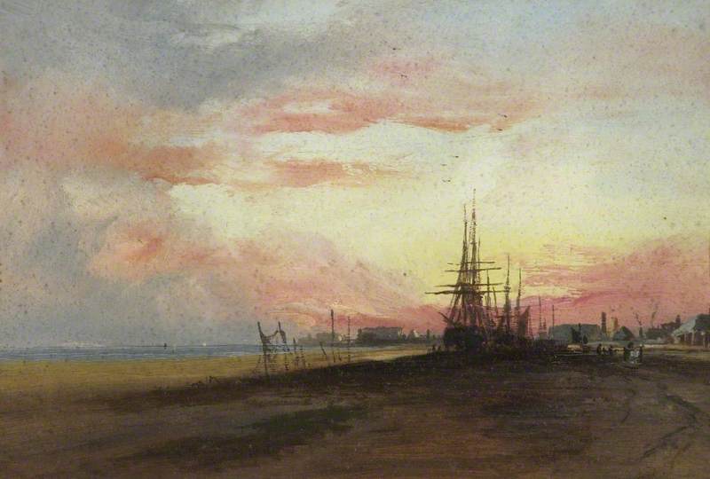 Wikioo.org - The Encyclopedia of Fine Arts - Painting, Artwork by George Hornblower Simms - Beach with Nets Drying and Tall Ships