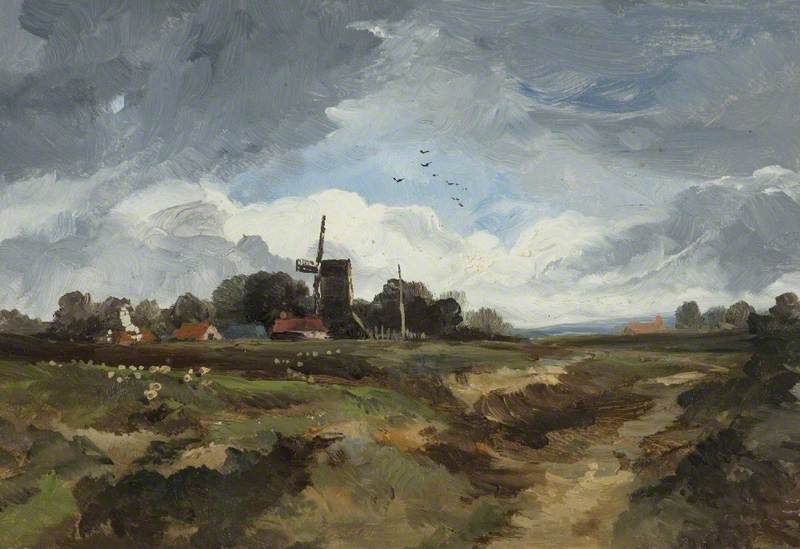 Wikioo.org - The Encyclopedia of Fine Arts - Painting, Artwork by George Hornblower Simms - Landscape with Sheep and Windmill