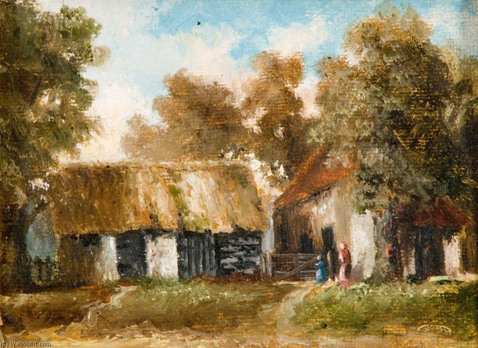 Wikioo.org - The Encyclopedia of Fine Arts - Painting, Artwork by Charles Langton Lockton - Barn and Post Office Cottage by 'The White Lion'