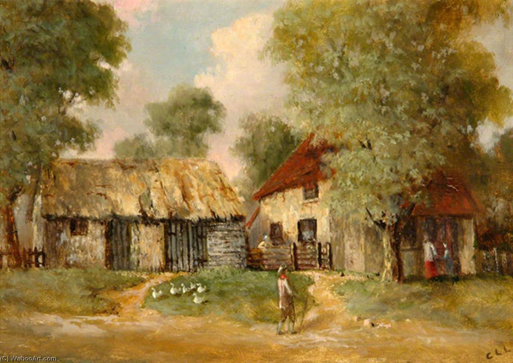 Wikioo.org - The Encyclopedia of Fine Arts - Painting, Artwork by Charles Langton Lockton - Post Office on North East Side of the Green next to 'The White Lion' Cottage