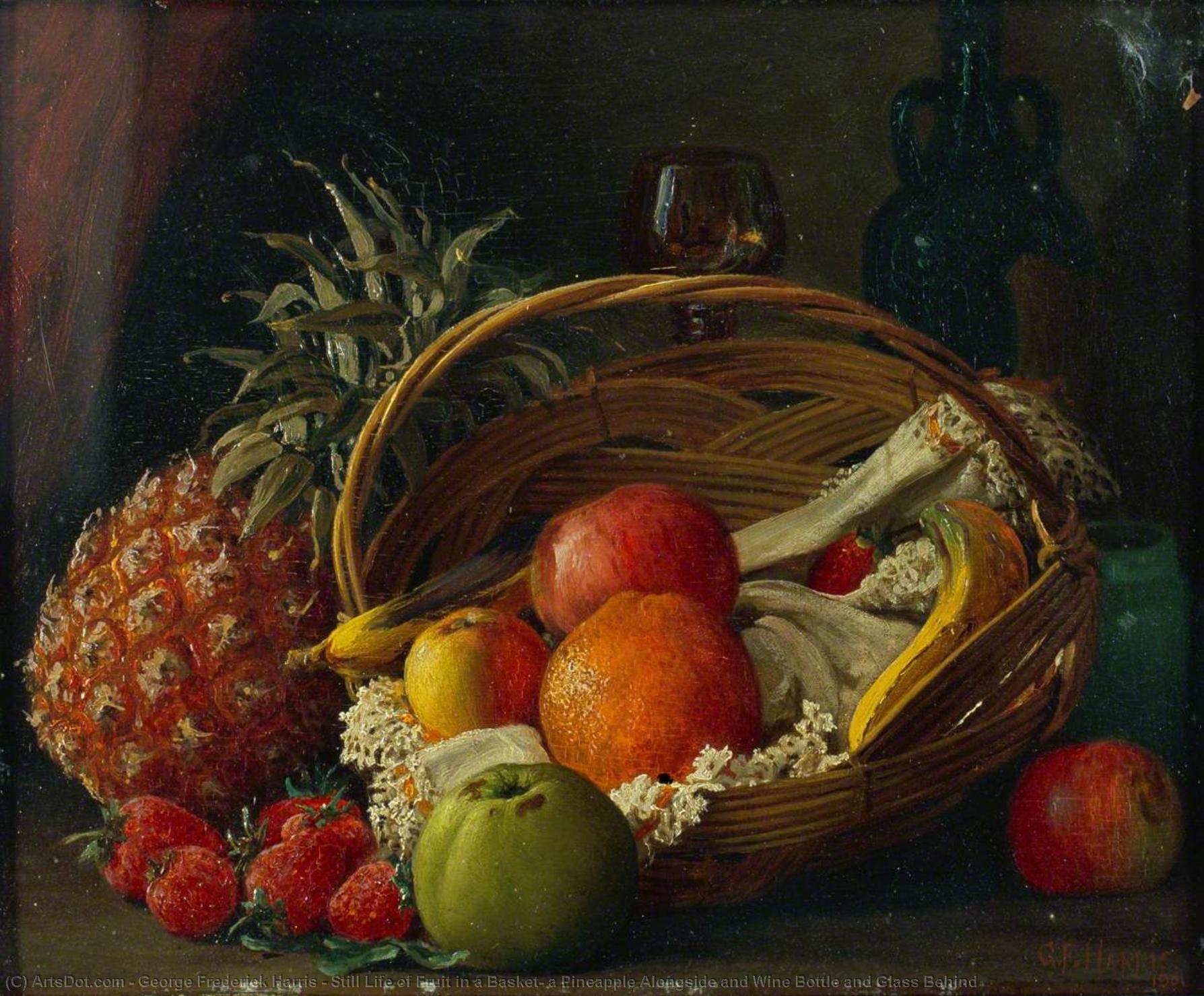 Wikioo.org - The Encyclopedia of Fine Arts - Painting, Artwork by George Frederick Harris - Still Life of Fruit in a Basket, a Pineapple Alongside and Wine Bottle and Glass Behind