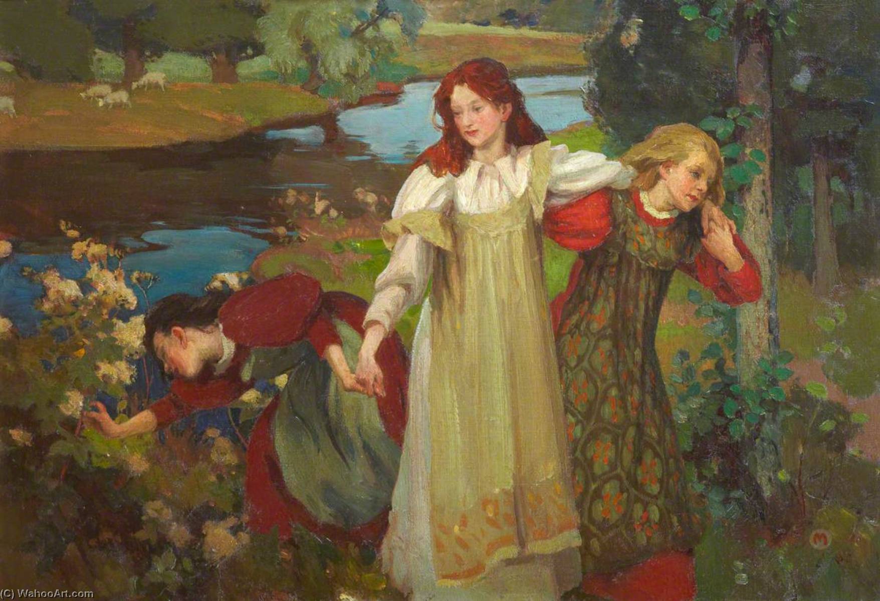 Wikioo.org - The Encyclopedia of Fine Arts - Painting, Artwork by Charles Hodge Mackie - 'There were three maidens pu'd a flower (by the bonnie banks o' Fordie)'