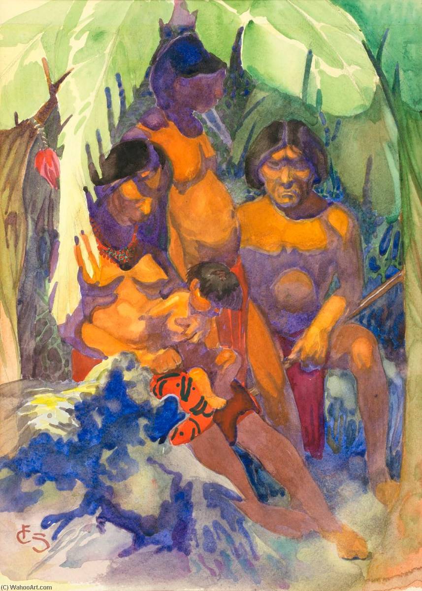 Wikioo.org - The Encyclopedia of Fine Arts - Painting, Artwork by Carl Folke Sahlin - Family Group in Typical Costume in Leaf Shelter, Indian